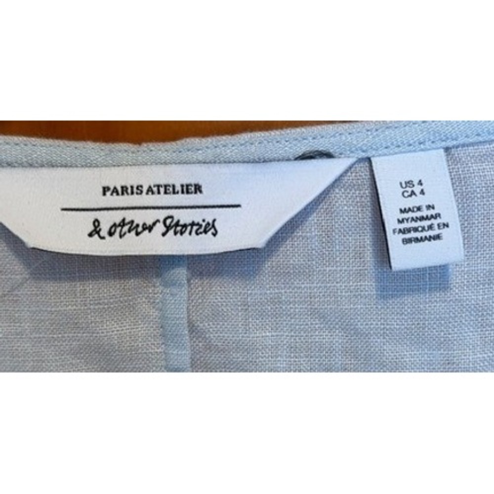 Other Stories 100% Linen‎ Puff Sleeve Button Front Midi Dress Light Blue Size 4 - Picture 5 of 9